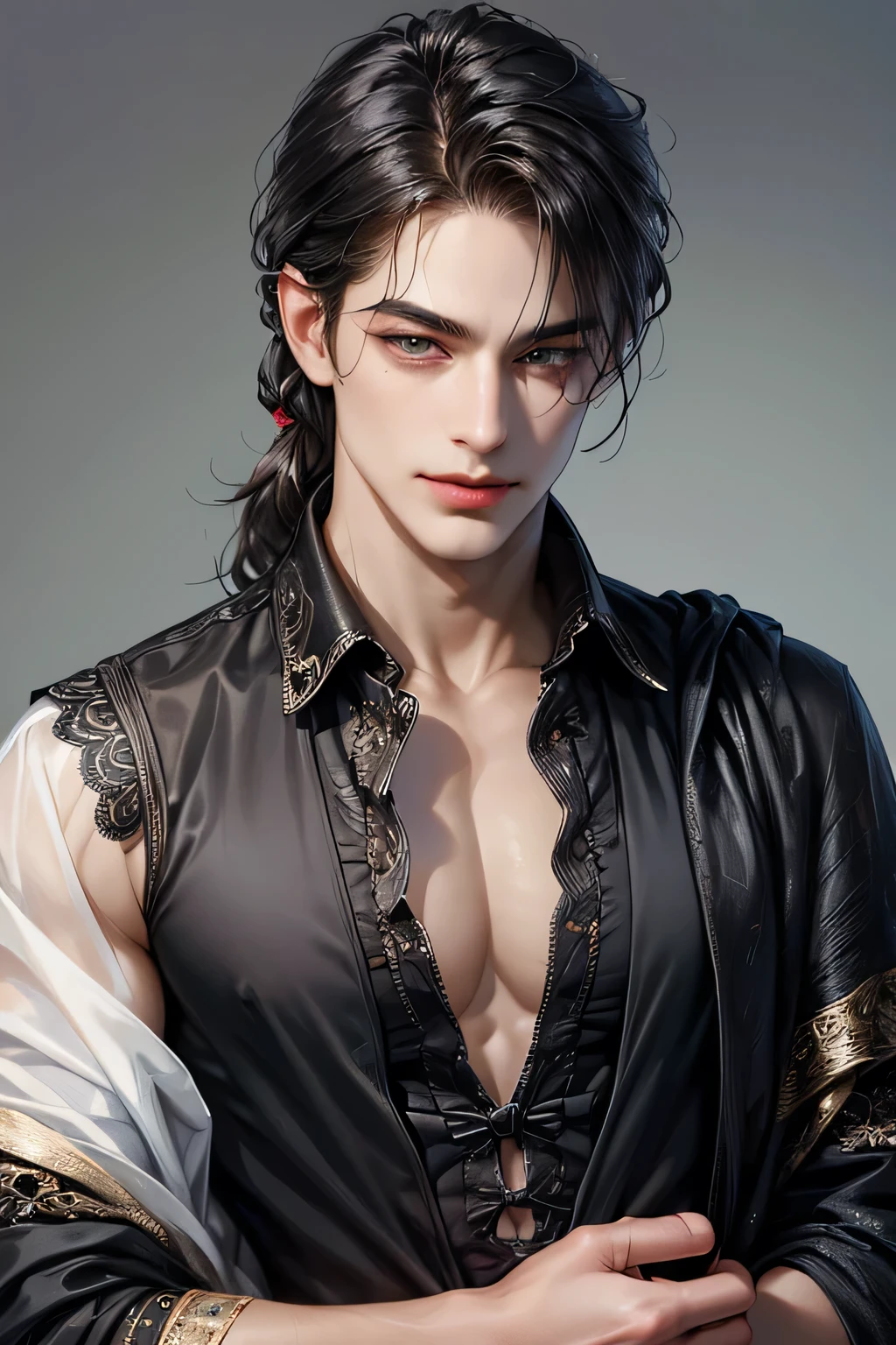 (masterpiece, best quality:1.2), (absurd res, high res, ultra detailed), 1 male, adult, handsome, tall muscular guy, broad shoulders, shiny black hair, finely detailed eyes, portrait, looking at viewer, solo, half shot, detailed background, detailed face, (gothic), high fantasy, Molten grey eyes, scar on right eyelid, smirk, look at camera, blouse, simple clothing, open chest, shirt unbuttoned