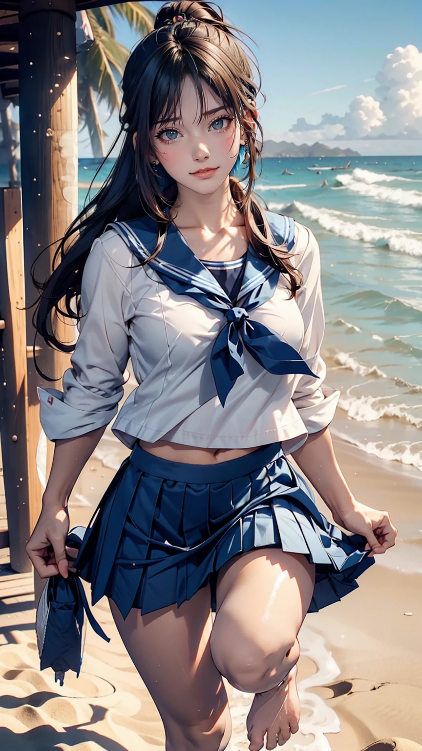 Japanese women、semi-long、Sexy proportions、high school girl、Summer sailor uniform、Navy blue mini pleated skirt、Running barefoot on the sandy beach on the Pacific coast、Footprints remain on the sand
