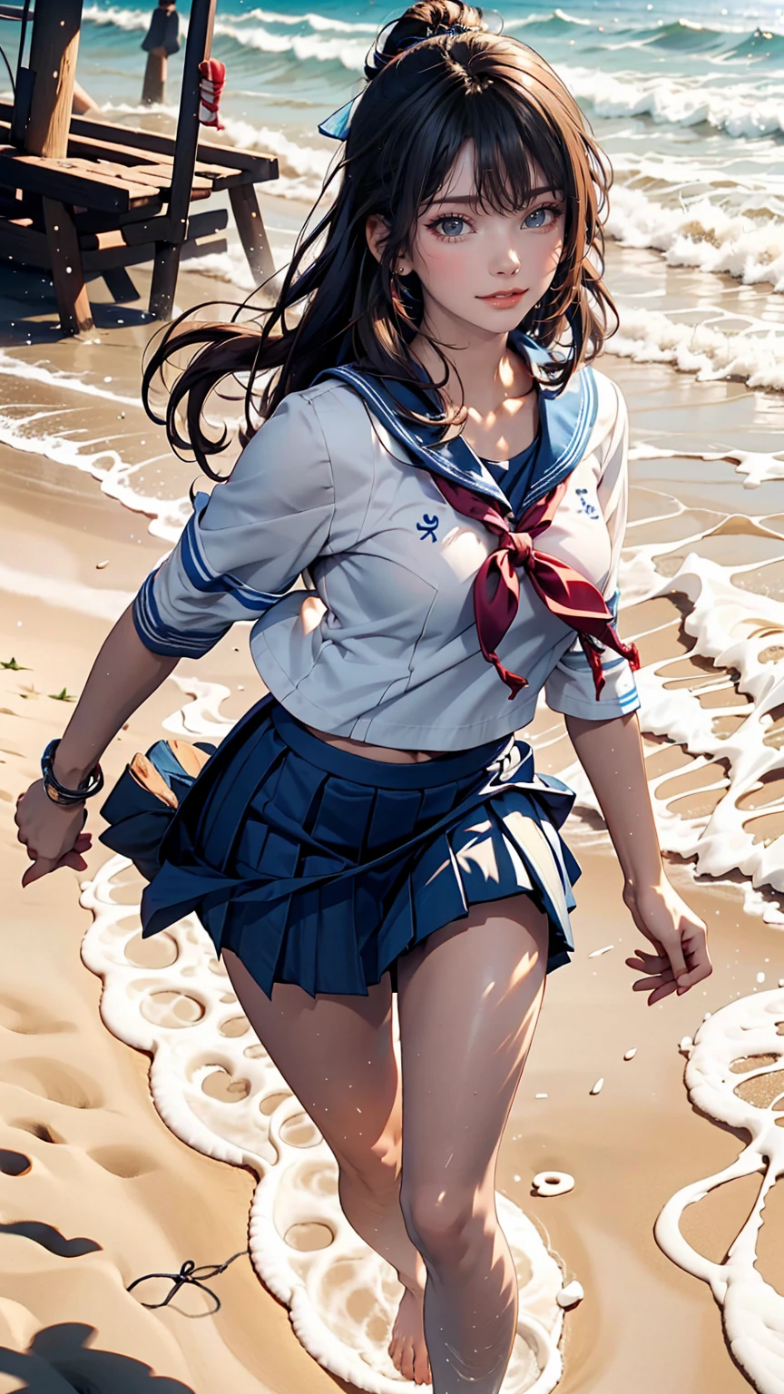Japanese women、semi-long、Sexy proportions、high school girl、Summer sailor uniform、Navy blue mini pleated skirt、Running barefoot on the sandy beach on the Pacific coast、Footprints remain on the sand
