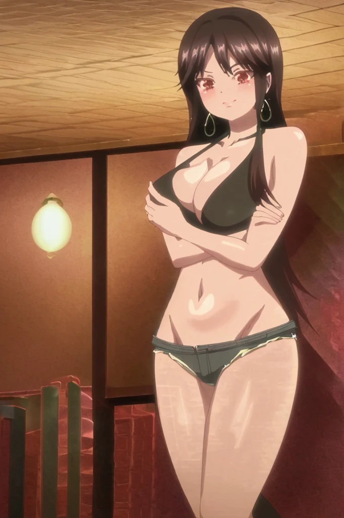 ((masterpiece)),(Highest quality),Official Art,Highly detailed CG,unity 8k wallpaper,Super detailed,On the hotel bed,One girl,alone,Cowboy Shot,,Black ,Long Hair,Leather shorts,Brown Hair,jewelry, shoulders,View your viewers,Hoop Earrings,belly button,Red eyes,Brown eyes,Black Midriff,,Black Hair,Knee-high boots,Lace top stockings