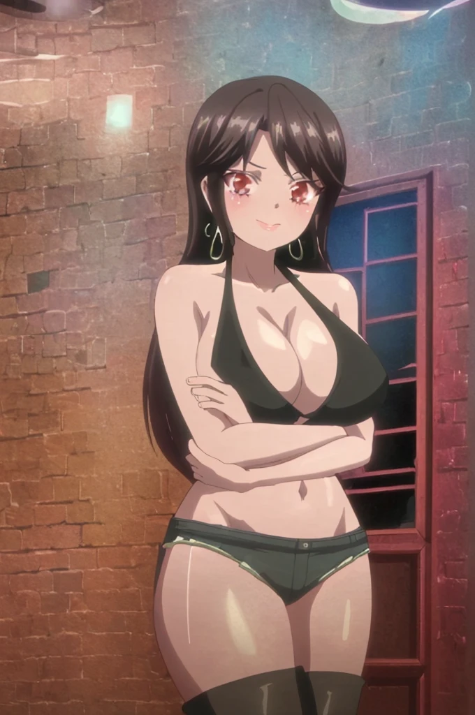 ((masterpiece)),(Highest quality),Official Art,Highly detailed CG,unity 8k wallpaper,Super detailed,On the hotel bed,One girl,alone,Cowboy Shot,Cleavage,Black Swimsuit,Long Hair,Leather shorts,Brown Hair,jewelry,Bare shoulders,View your viewers,Hoop Earrings,belly button,Red eyes,Brown eyes,Black Midriff,Large Breasts,Black Hair,Knee-high boots,Lace top stockings