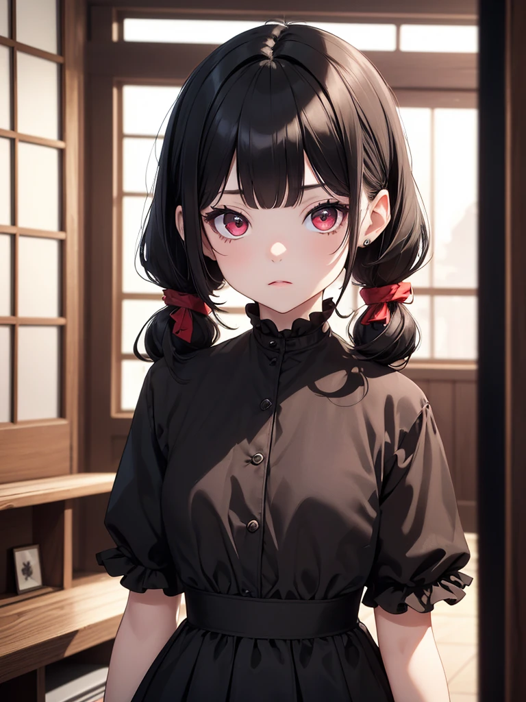 (8K, Best Quality, Masterpiece, Ultra High Resolution) Girl Toddler, Short, Beautiful Eyes, Face Details, Black Hair, Pigtails, Hair Bangs, Red Eyes, Pale Skin, Short Formal Dress, Cute Black Dress, Dimly Lit Japanese House, Masterpiece, Best Quality, Upper Body, Looking at the Viewer, Close Up