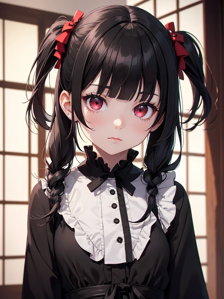 (8K, Best Quality, Masterpiece, Ultra High Resolution) Girl Toddler, Short, Beautiful Eyes, Face Details, Black Hair, Pigtails, Hair Bangs, Red Eyes, Pale Skin, Short Formal Dress, Cute Black Dress, Dimly Lit Japanese House, Masterpiece, Best Quality, Upper Body, Looking at the Viewer, Close Up