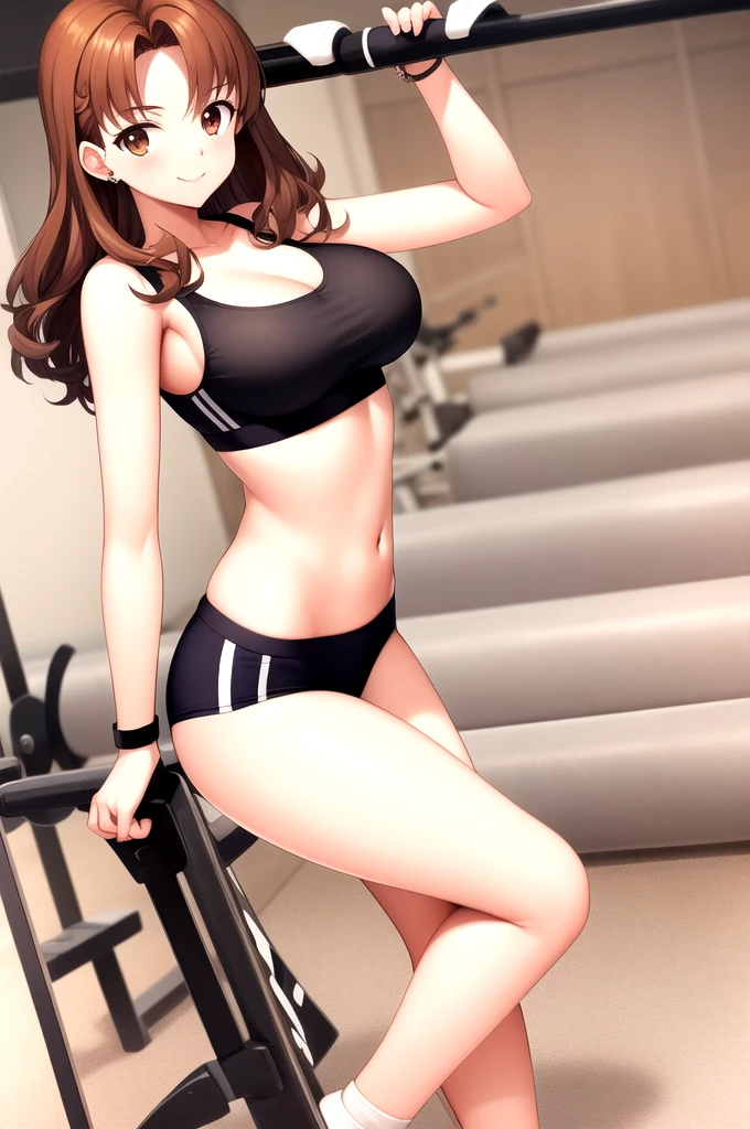 Sonozaki　Misao Sonozaki, masterpiece, best quality, a beautiful sexy woman in sports outfit posing on an exercise machine at the fitness gym, 1girl, 独奏, sports bra, breasts, navel, short shorts, midriff, wrist bands, socks, cleavage, sneakers, smile, looking at viewer,  right brown hair, wavy and curly hairstyle, long hair, large breast, tareme, nice ass, brown eyes, slender face, beautiful tits, beautiful ass, slim waist, 