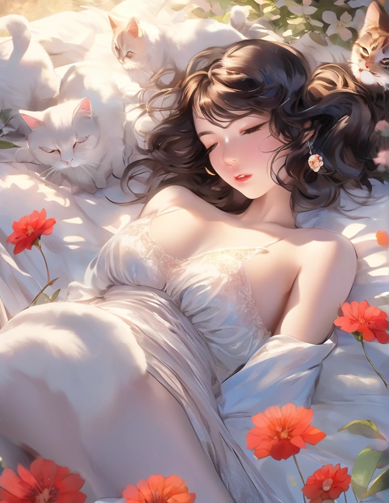 (Harem Manga style:1.2) , Hallucination, daydream , nightmare , Insane Dream , bokeh , erotica , romance , nudity girl and realistic cat , Petals fluttering down , (Single eyelids, round nose, swollen cheeks) , glossy lips , Collarbone , Hair blowing in the wind , Goddess of lust , lying back , (hide crotch by cats:1.5) , (hide nipple by cats:1.5) , (close up cat:1.1) , spread legs , bra