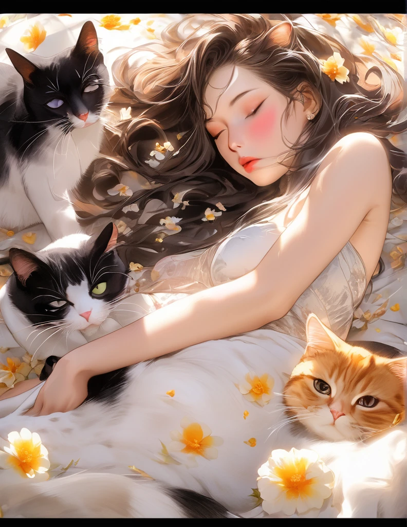 (Harem Manga style:1.2) , Hallucination, daydream , nightmare , Insane Dream , bokeh , erotica , romance ,  nudity girl and realistic cat , Petals fluttering down , (Single eyelids, round nose, swollen cheeks) , glossy lips , Collarbone , Hair blowing in the wind , Goddess of lust , lying back , (hide crotch by cats:1.5) , (hide nipple by cats:1.5) , (close up cat:1.1) , spread legs , bra