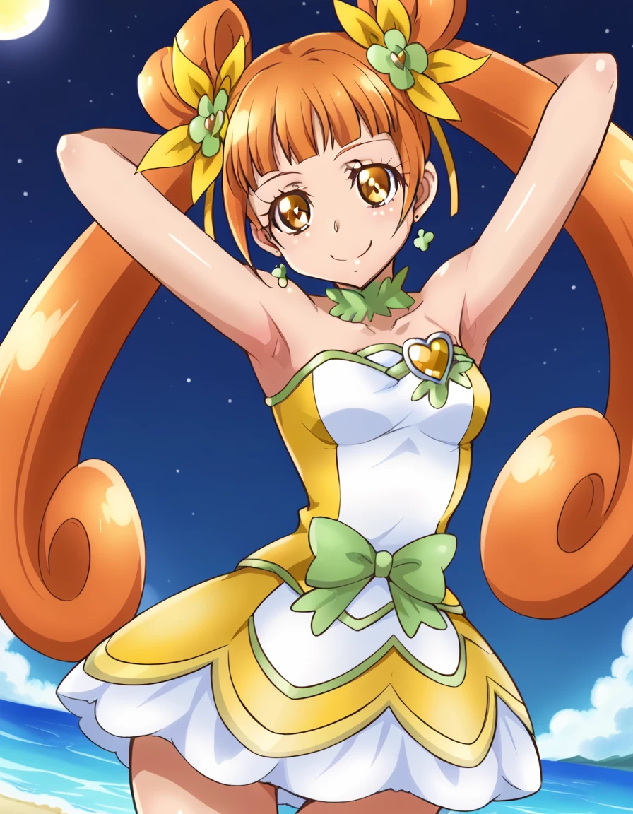 curerosetta, shiny skin, high quality, solo, 1girl, night sky, beach, arms behind head, (contrapposto), closed mouth, spread armpits, (cowboy shot:1.5), looking at viewer, best quality, smile,