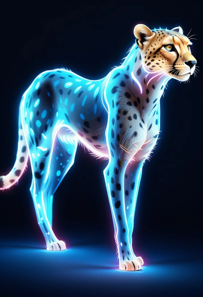 Draw a cheetah with fluorescent lines. Delicate artistic realistic super detailed digital art style blue fluorescent, luminescent, transparent luminous body