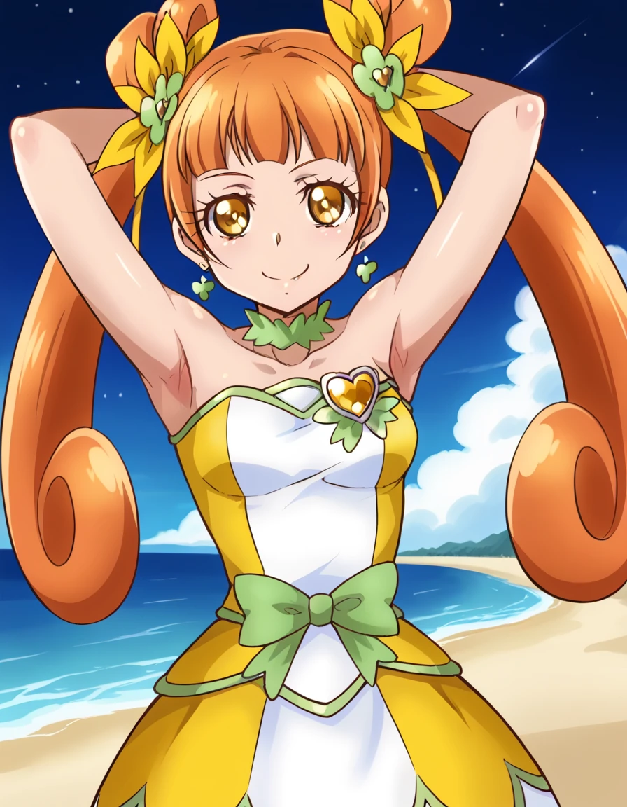 curerosetta, shiny skin, high quality, solo, 1girl, night sky, beach, arms behind head, (contrapposto), closed mouth, spread armpits, (cowboy shot:1.5), looking at viewer, best quality, smile,