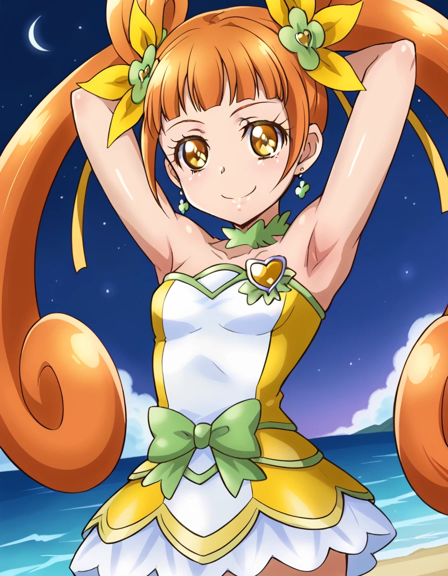 curerosetta, shiny skin, high quality, solo, 1girl, night sky, beach, arms behind head, (contrapposto), closed mouth, spread armpits, (cowboy shot:1.5), looking at viewer, best quality, smile,