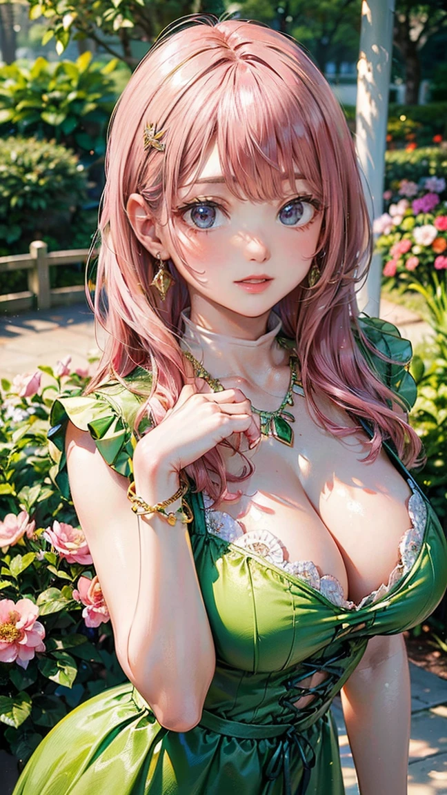 (Masterpiece, BestQuality:1.3), (ultra detailed:1.2), (hyperrealistic:1.3), (RAW photo:1.2), High detail RAW color photo, professional photograph, (Photorealistic:1.4), (realistic:1.4), professional lighting, perfect , (:1.2), (blush, detailed face), (cheerful Smile:1.5), Trending Hair&Trending Hairカラーをランダムに, earrings, necklace, bracelet, sexly,  sexly, Random  gravure poses, (A beautiful pink-haired woman in a green dress、She is smiling and posing  while playing with flowers in a spring botanical garden.。:1.3)
