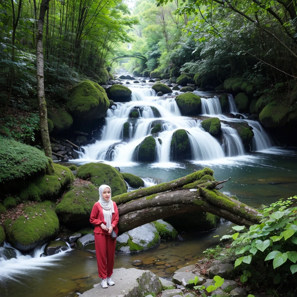 make an original photo of a beautiful young Malay woman with a clean and soft face,Wear long clothes ,casual pants ,Hijab , wearing sneakers ,standing pose /walking full body while holding the camera 📷,beautiful natural scenery background, river, waterfall , log cabin, bridge,river air bening ,there are green plants,flower ,red betel plant, Lotus , there is a swing ,flying bird, realistis HD high-quality photography, high focus, long shoot cinematic,32k. 