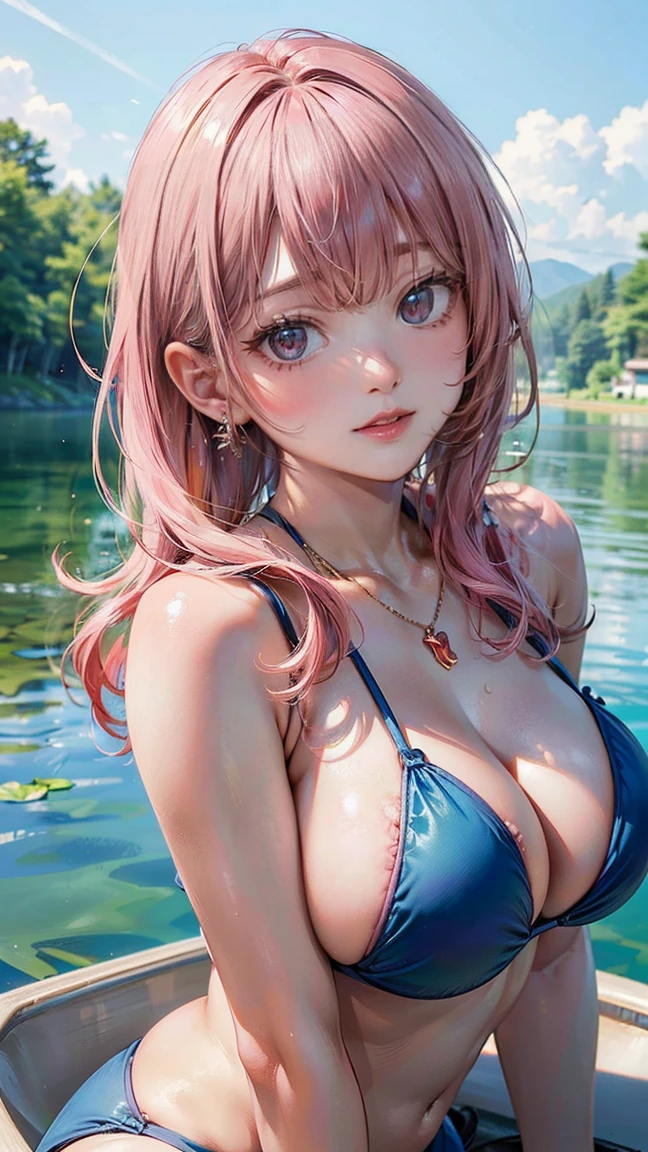 (Masterpiece, BestQuality:1.3), (ultra detailed:1.2), (hyperrealistic:1.3), (RAW photo:1.2), High detail RAW color photo, professional photograph, (Photorealistic:1.4), (realistic:1.4), professional lighting, perfect , (:1.2), (blush, detailed face), (cheerful Smile:1.5), Trending Hair&Trending Hairカラーをランダムに, earrings, necklace, bracelet, sexly,  sexly, Random  gravure poses, (A pink-haired beauty in a blue bikini、Smiling and posing sexily while enjoying canoeing on a summer lake。:1.3)
