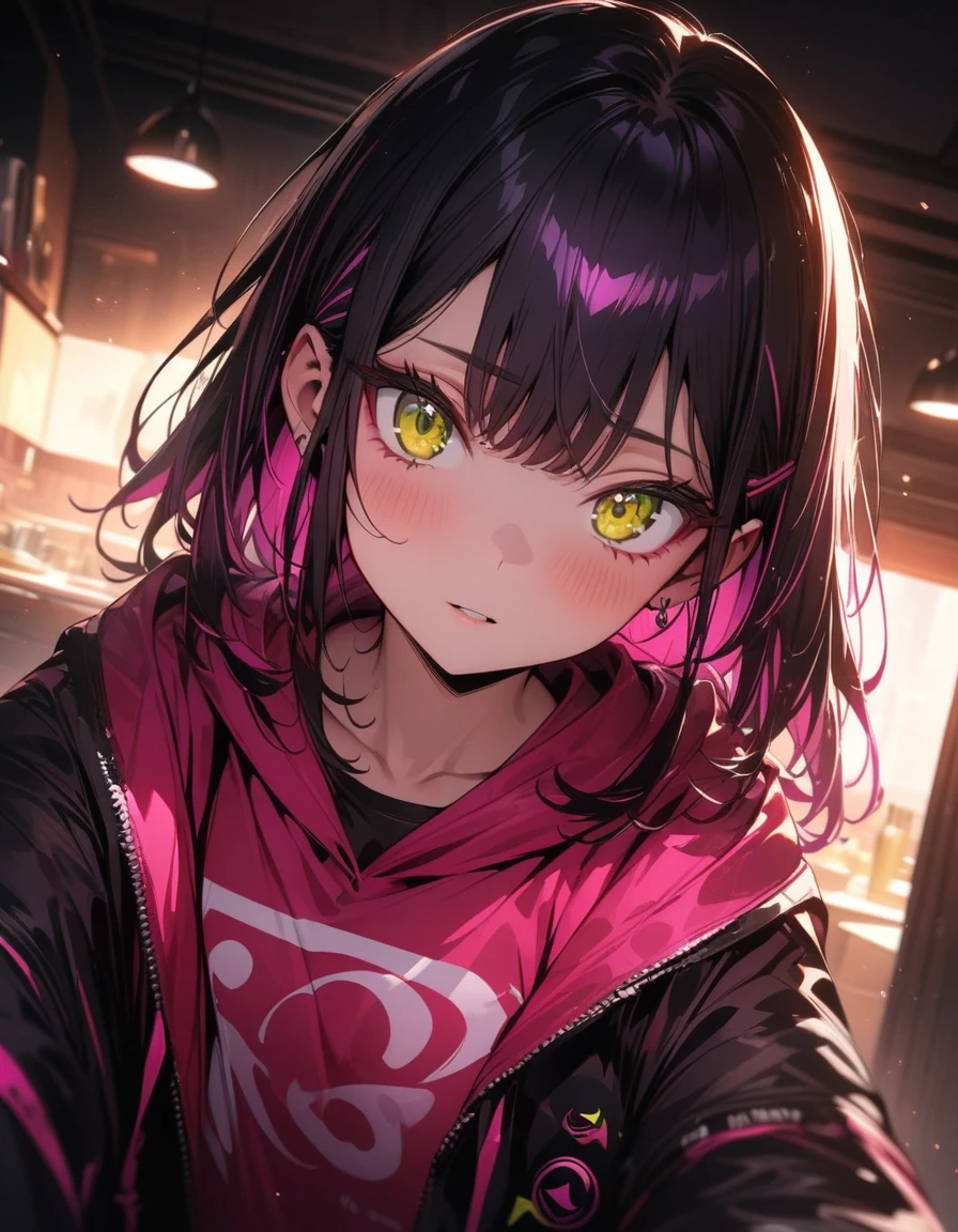 ((Highest quality, Highest quality, masterpiece, Ultra-high resolution, High Dynamic Range, Ultra-high resolution)), ((Ultra-detailed illustrations:1.2)),Towa Tokoyami, alone, Anime Style, Dynamic Lighting, Dynamic Angle, View your viewers, indoor, Purple hair color, Yellow-green eyes,