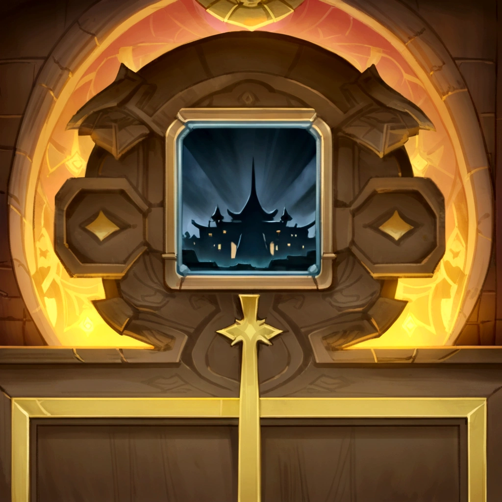 a close up of a cross in front of a door with a window, temple background, arena background, a portal to the lost flame realm, magical portal opened, light kingdom backdrop, temple of the sun, hearthstone concept art, blizzard hearthstone concept art, mysterious temple setting, ornate borders + concept art, mythical shrine, ancient symbol behind it, from hearthstone,China,