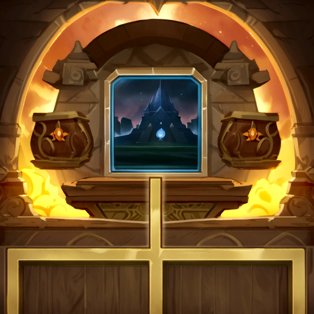 a close up of a cross in front of a door with a window, temple background, arena background, a portal to the lost flame realm, magical portal opened, light kingdom backdrop, temple of the sun, hearthstone concept art, blizzard hearthstone concept art, mysterious temple setting, ornate borders + concept art, mythical shrine, ancient symbol behind it, from hearthstone,China，