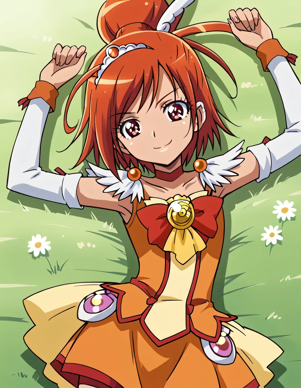 curesunny, shiny skin, high quality, solo, lying, on back, arms up, spread arms, closed mouth, on grass, (cowboy shot:1.5), looking at viewer, nervous, smile, best quality,