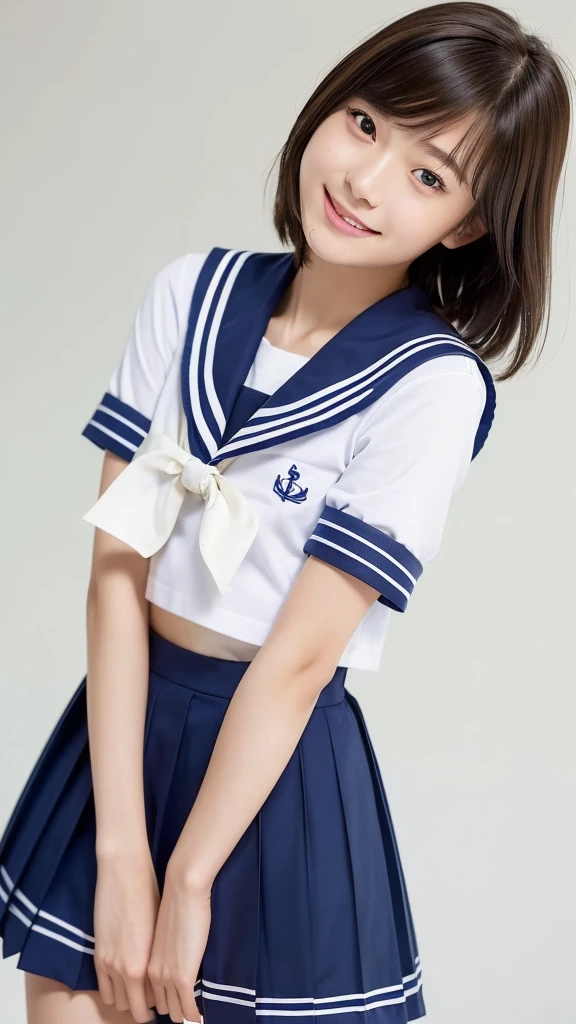 (masterpiece:1.3),High resolution,(8K, High resolution:1.2),(RAW Photos), (Realistic:1.3),One Girl,,Middle school students,Very cute girl,Beautiful white skin、Black Hair,short hair,Big eyes,Glossy lips,(Slender figure:1.3),Sailor suit,Short sleeve,(Ultra Mini Skirt:1.5),Thighs,Photographed from the knees up,blush、smile、