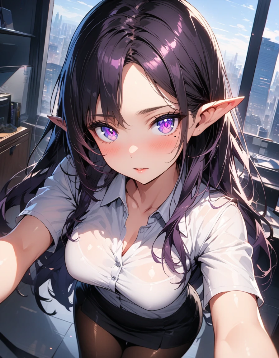 ((highest quality, best quality, masterpiece, ultra high definition, high dynamic range, ultra high resolution)), ((ultra-detailed illustrations:1.2)), 1 girl, solo, anime style, dynamic lighting, dynamic angle, looking at viewer, indoor, office, (beautiful detailed face, beautiful detailed skin, shiny skin, mole under the eyes, pointed ears, mid-chest), (beautiful detailed hair, parted bangs, long hair, black hair, dark purple hair, multi colored hair), (beautiful detailed eyes, beautiful detailed pupils, violet eyes), (white shirt, collared shirt, short sleeves, black mini skirt, pantyhose)