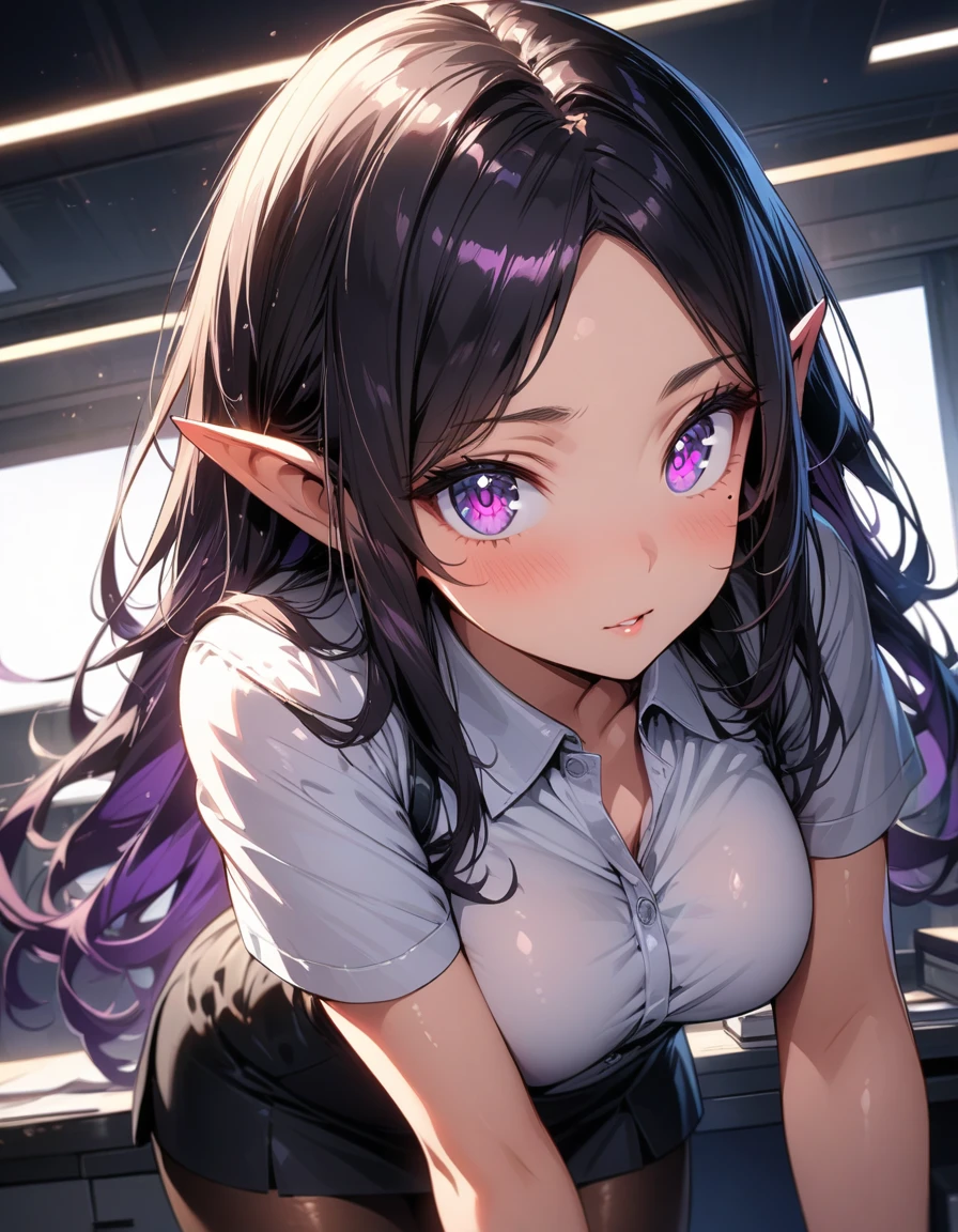 ((highest quality, best quality, masterpiece, ultra high definition, high dynamic range, ultra high resolution)), ((ultra-detailed illustrations:1.2)), 1 girl, solo, anime style, dynamic lighting, dynamic angle, looking at viewer, indoor, office, (beautiful detailed face, beautiful detailed skin, shiny skin, mole under the eyes, pointed ears, mid-chest), (beautiful detailed hair, parted bangs, long hair, black hair, dark purple hair, multi colored hair), (beautiful detailed eyes, beautiful detailed pupils, violet eyes), (white shirt, collared shirt, short sleeves, black mini skirt, pantyhose)