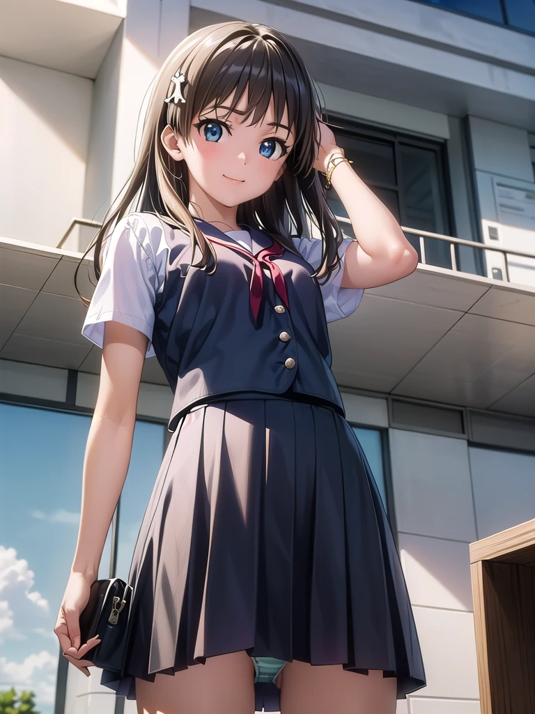 Okay, Saten Ruiko, Black Hair, blue eyes, Long Hair, hair ornaments, Floral decoration,
break セーラー服, blue skirt, pleated skirt, ((ミニskirt:1.5)), Seraphim, skirt, Summer clothes,
break outdoor, null, sun, cloud, grassland,
break looking at viewer, (Cowboy Shot:1.5),
break (masterpiece:1.2), Highest quality, High resolution, unity 8k wallpaper, (figure:0.8), (Beautiful attention to detail:1.6), Highly detailed face, Perfect lighting, Highly detailed CG, (Perfect hands, Perfect ), Angle from below, Dutch Angle, smile, 風でskirtが捲れる, ((Showing panties:1.3))