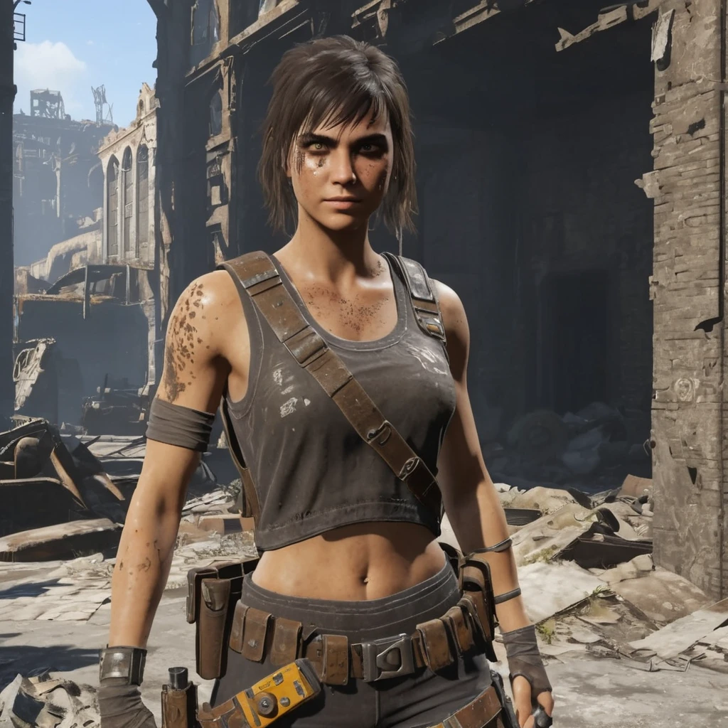 (((flat chest,  young girl , suntanned skin, muscular))), she is dressed as a post-apocalyptic scavenger, dirty torn clothing,  dark hair with bangs, detailed face, detailed eyes, detailed skin, [freckles], (small nose, dark eyebrows), (she is holding a pistol, aggressive action stance, indoors), vintage, abandoned ruined city, rubble, style fallout4,  smiling