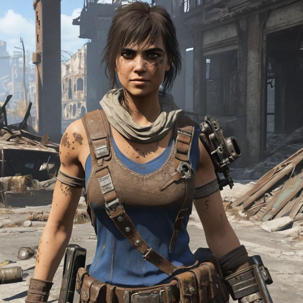 (((flat chest,  young girl , suntanned skin, muscular))), she is dressed as a post-apocalyptic scavenger, dirty torn clothing,  dark hair with bangs, detailed face, detailed eyes, detailed skin, [freckles], (small nose, dark eyebrows), (she is holding a pistol, aggressive action stance, indoors), vintage, abandoned ruined city, rubble, style fallout4,  smiling