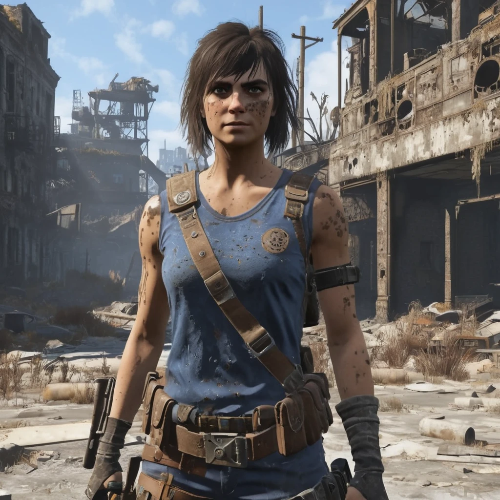 (((flat chest,  young girl , suntanned skin, muscular))), she is dressed as a post-apocalyptic scavenger, dirty torn clothing,  dark hair with bangs, detailed face, detailed eyes, detailed skin, [freckles], (small nose, dark eyebrows), (she is holding a pistol, aggressive action stance, indoors), vintage, abandoned ruined city, rubble, style fallout4,  smiling