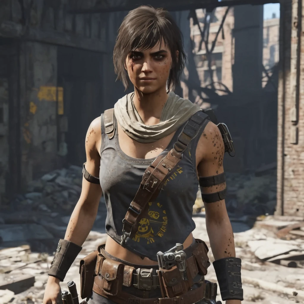 (((flat chest,  young girl , suntanned skin, muscular))), she is dressed as a post-apocalyptic scavenger, dirty torn clothing,  dark hair with bangs, detailed face, detailed eyes, detailed skin, [freckles], (small nose, dark eyebrows), (she is holding a pistol, aggressive action stance, indoors), vintage, abandoned ruined city, rubble, style fallout4,  smiling