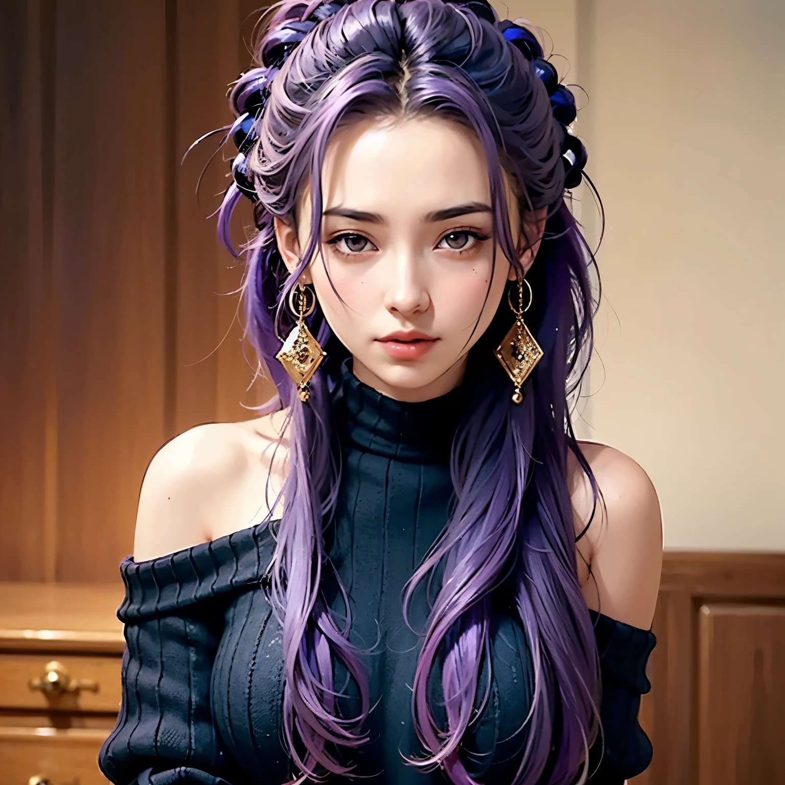 ((best quality)), ((masterpiece)), (detailed), 1girl, off-shoulder sweater, long messy wild black and purple dreads.