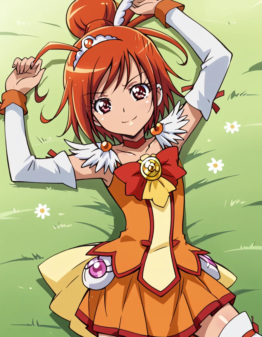 curesunny, shiny skin, high quality, solo, lying, on back, arms up, spread arms, closed mouth, on grass, (cowboy shot:1.5), looking at viewer, nervous, smile, best quality,