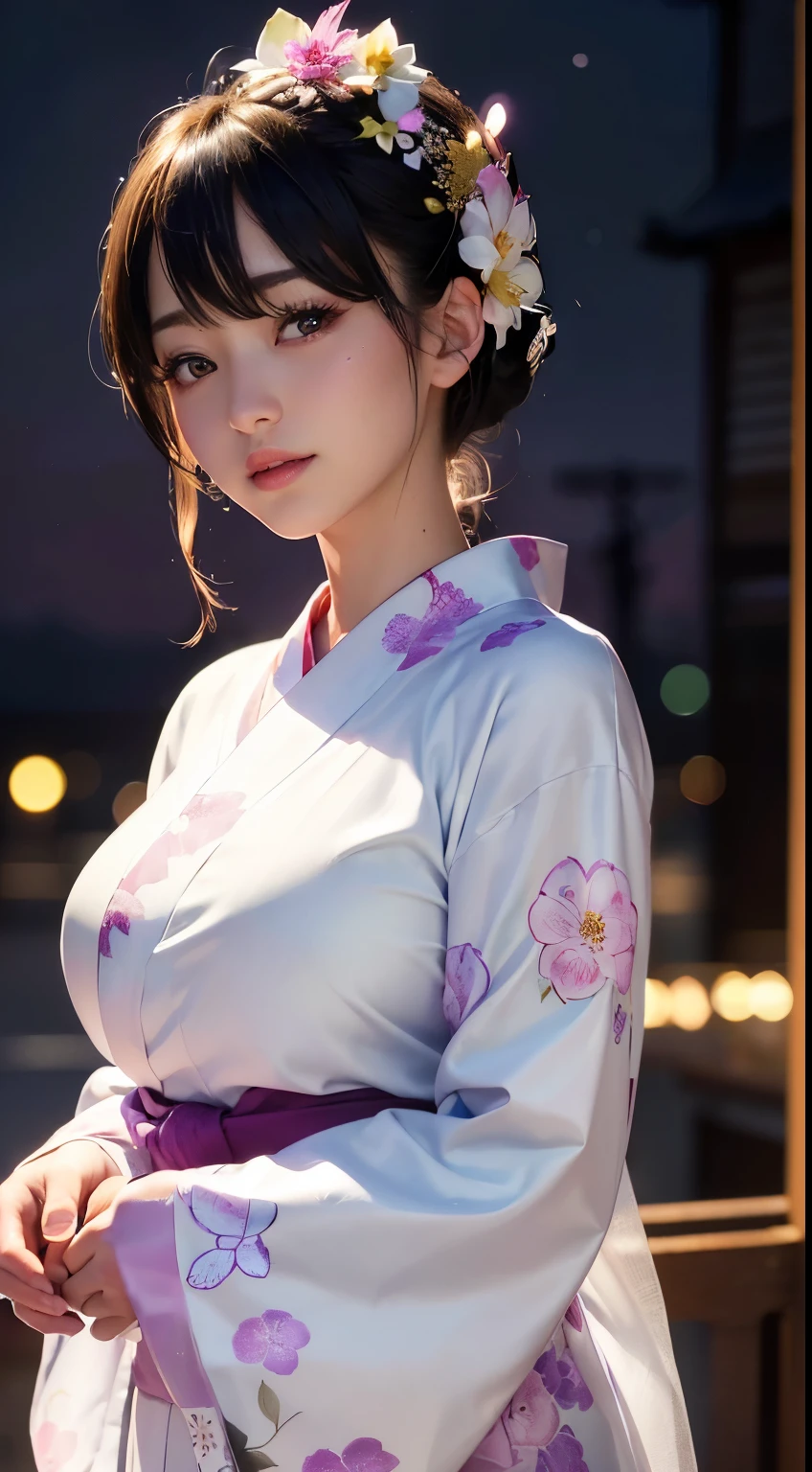 (logo、masterpiece、8K、Tabletop、RAW Photos、wonderful、最high quality、フォトリアリスティックでVery detailedな CG 複合 8K 壁紙、high quality、Very detailed、Narrative poem、Particle Effects、Dynamic Effects、Depth of the Boundary、Cinematic Light、Lens flare、Ray Tracing）、 (One beautiful woman wearing a yukata、White yukata、Light purple pattern)、Black-haired、High definition skin、Very fine、Fine skin texture、Beautiful Face、True Face、Beautiful details in the eyes、Realistic eyes、Beautifully detailed eyes、Realistic Skin、Beautiful Skin、Surreal、Smiling Eyes、Hair and light eyes、vivid、Colorful lights and bokeh、plump lower lip、Pink Lips、Hair flutters in Wind、Hair bounces、wonderful景色、night、evening、Wind、moonlight、moonlight、light
