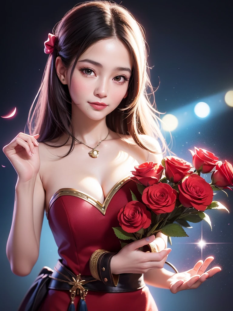 40years old、Wizard、fortune teller、Realistic semi-close portrait image of curious woman retro 60s nostalgia, Prime Time,40age, 35mm Female Portrait. magician、Carefree happy joy bokeh background. Quiet aesthetics. Soft lighting. Artistic lighting. Feminine elegance.Facing forward、Photo of your face、The background is red roses