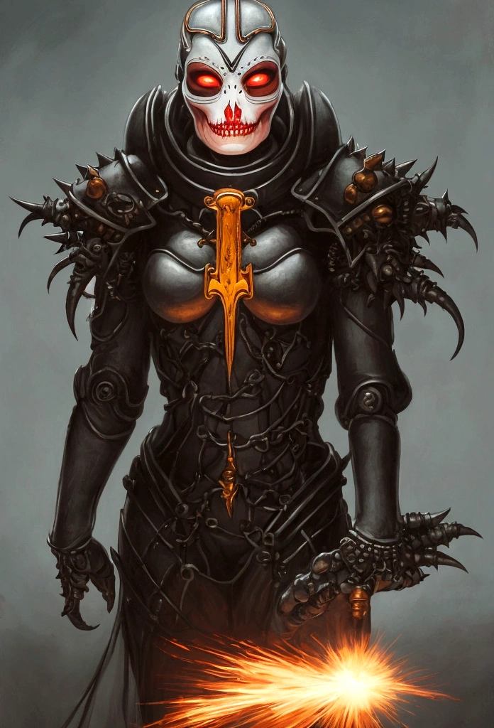 a gorgeous adepta sororitas from the movie tron, glowing skull armor, spikes, teeth, monster, dirty tentacles, pus pimples, cracked truenurgle, detailed face and eyes, beautiful lips, extremely detailed, 1girl, oil painting, concept art, dark fantasy, cinematic lighting, dramatic shadows, vibrant colors, moody atmosphere, hyper detailed, 8k, photorealistic