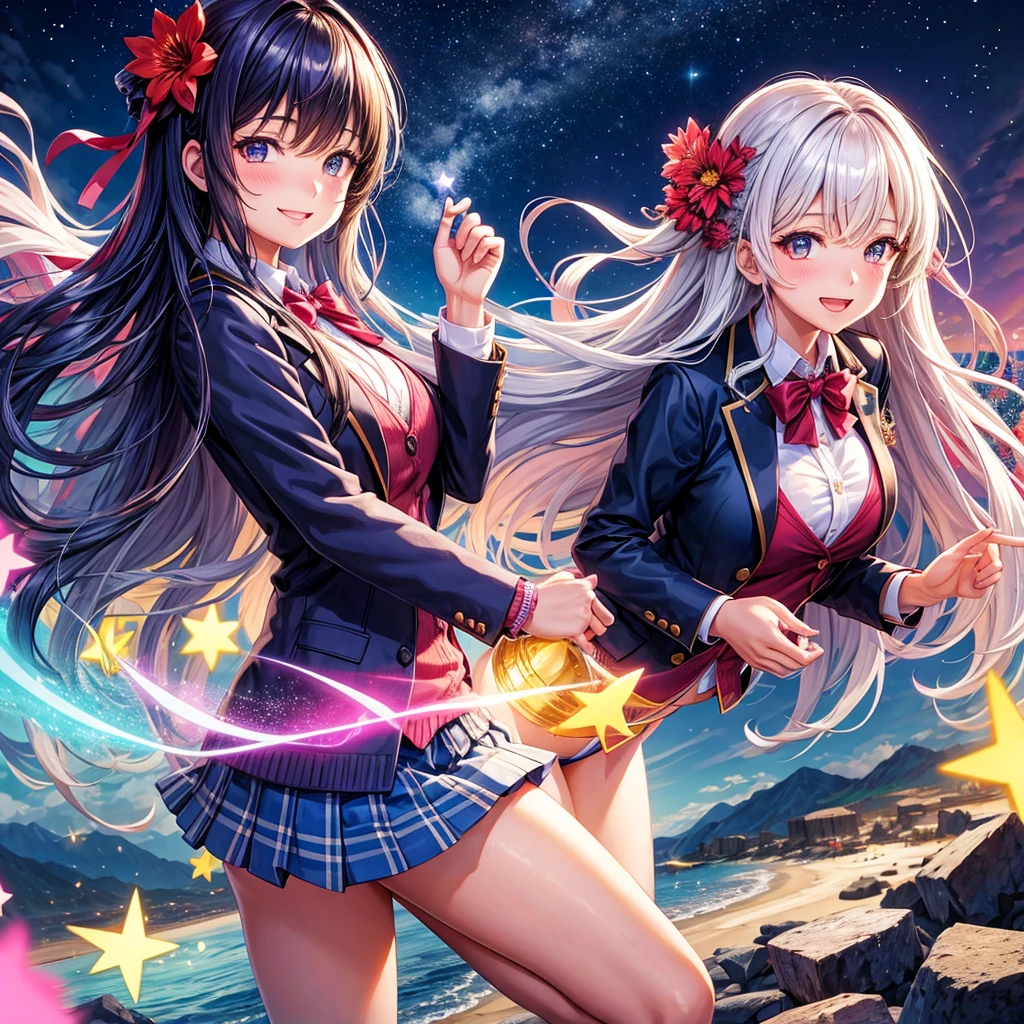 best quality，，smile，blazer，swimsuit，nepal，middle School girlultiple girls are depicted,harem，idol group，starry sky background，photo shoot，long hair，wearing a cardigan，beautiful girlの国，girl's paradise，highest quality，big breasts，leather jacket，happy girl, girl，blue eyes，perfect face，standing position，She has her bangs down，fur jacket,Beautiful eyes，smooth hair，perfect eyes，beautiful girl，Angel Girl，multicolored hair colors，naughty girl，beautiful，High-dimensional beautiful girl，Multidimensional beautiful girl，gathering，Group、，classroom，School，