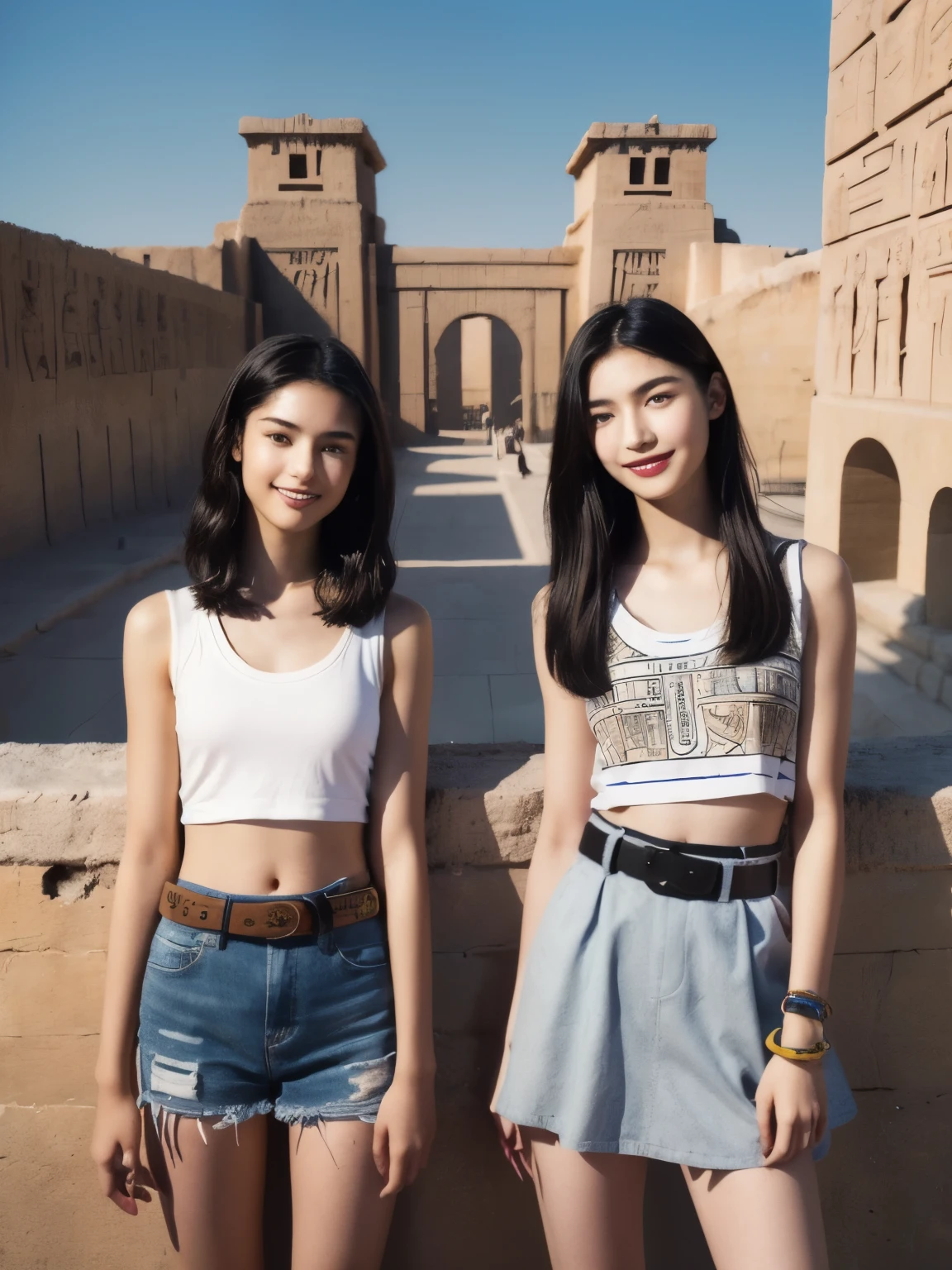 246 (In the mural2people々々々々々), (An 18-year-old female and an 18-year-old male), short hair,kind, lipstick, Egyptian civilization, Waist belt, Hieroglyphics, smile