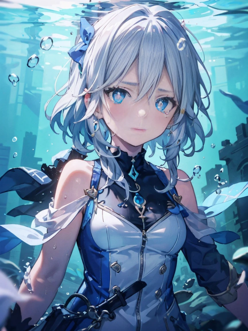 masterpiece, Highest quality, 1 Girl, cute, tear-shaped pupils, sad, cry, Underwater, bubble, Ocean, Underwater, Abandoned City