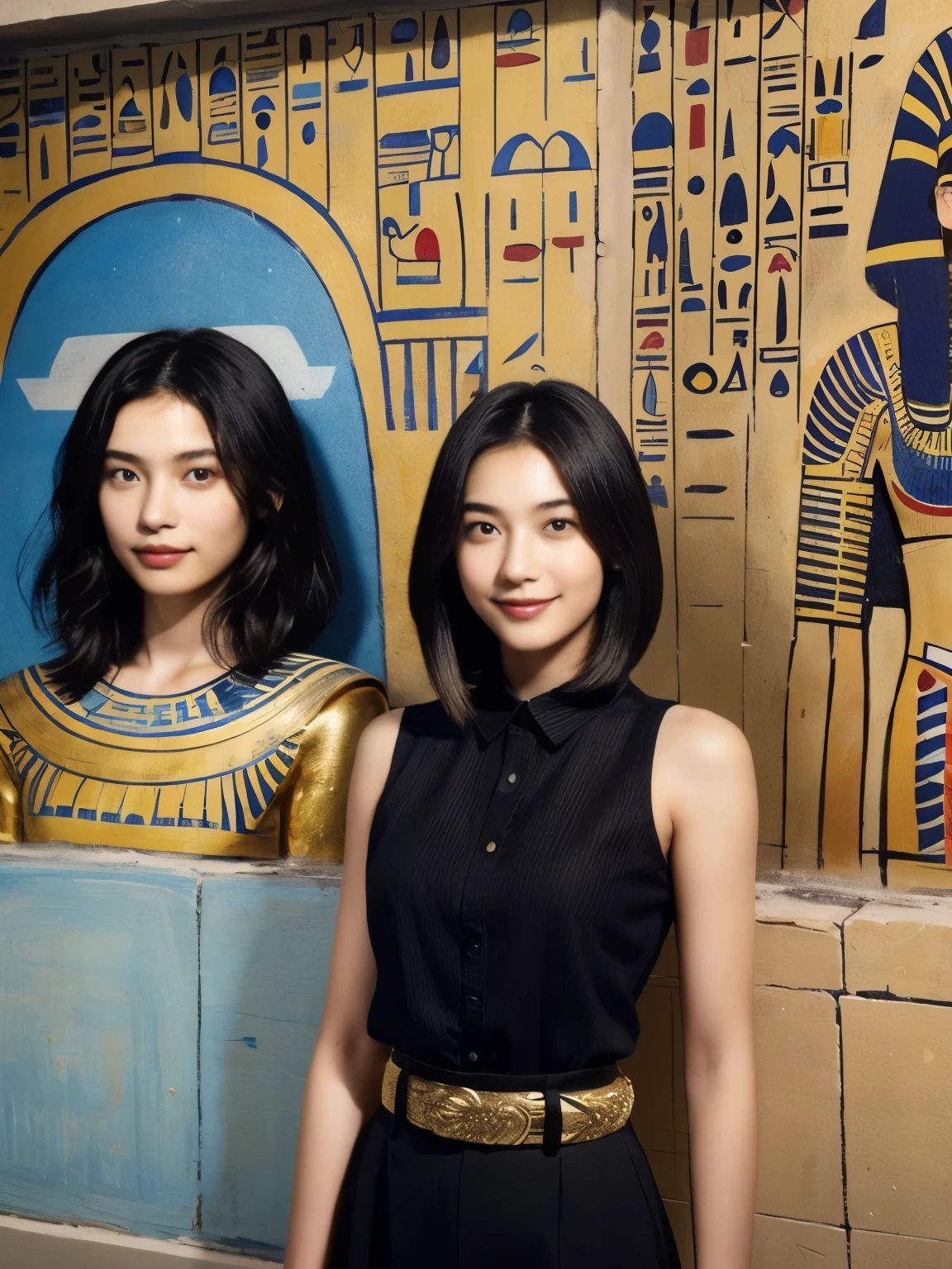 246 (In the mural2people々々々々々), (An 18-year-old female and an 18-year-old male), short hair,kind, lipstick, Egyptian civilization, Waist belt, Hieroglyphics, smile