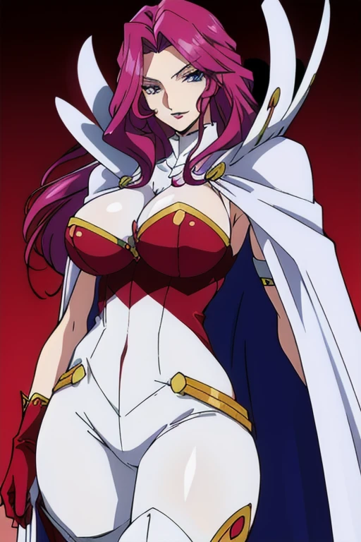 cornelia_li_britannia, huge breasts, solo, standing, cornelia_white_cape, white_bodysuit_red_bustier_red_gloves_red_thigh_boots masterpiece, best quality, detailed face, detailed eyes, highres,
