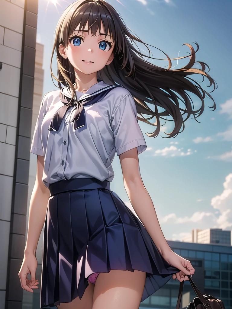 Okay, Saten Ruiko, Black Hair, blue eyes, Long Hair, hair ornaments, Floral decoration,
break セーラー服, blue skirt, pleated skirt, ((ミニskirt:1.5)), Seraphim, skirt, Summer clothes,
break outdoor, null, sun, cloud, grassland,
break looking at viewer, (Cowboy Shot:1.5),
break (masterpiece:1.2), Highest quality, High resolution, unity 8k wallpaper, (figure:0.8), (Beautiful attention to detail:1.6), Highly detailed face, Perfect lighting, Highly detailed CG, (Perfect hands, Perfect Anatomy), Angle from below, Dutch Angle, smile, 風でskirtが捲れる, ((Showing panties:1.3))