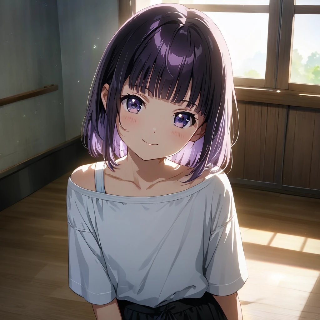 (Cute a girl:1.5), (Off-the-shoulder white plain T-shirts, black sarouel pants:1.1),(masterpiece:1.3), anime visual,  (Lovey-dovey:1.5), (tilt head:1.3), extremely delicate face, realistic lighting and shading, (an extremely delicate and beautiful art:1.3),,smiling,pale purple wavy and blunt bangs hair,green and black eyes,smiling,from front,fullbody shot,full body shot,Morning lesson space,