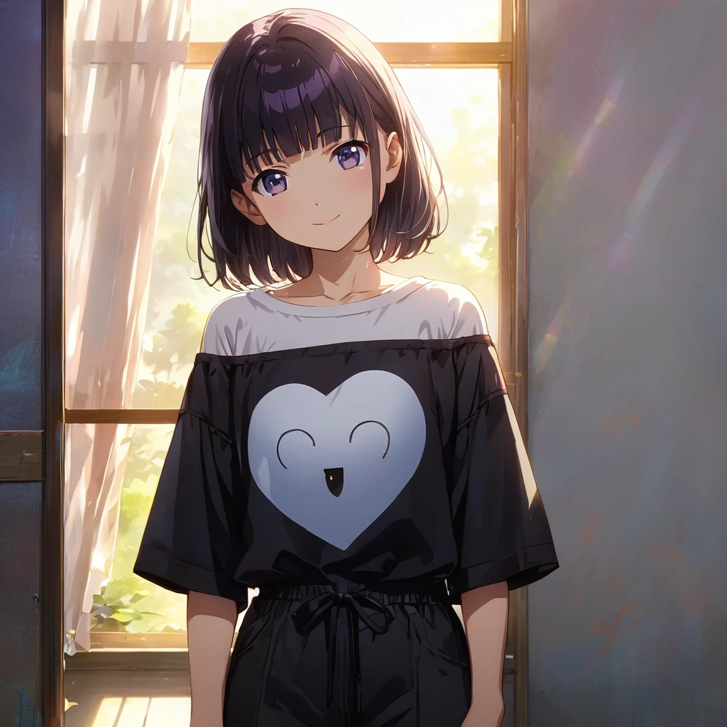 (Cute a girl:1.5), (Off-the-shoulder white plain T-shirts, black sarouel pants:1.1),(masterpiece:1.3), anime visual, (Lovey-dovey:1.5), (tilt head:1.3), extremely delicate face, realistic lighting and shading, (an extremely delicate and beautiful art:1.3),,smiling,pale purple wavy and blunt bangs hair,green and black eyes,smiling,from front,fullbody shot,full body shot,Morning lesson space,