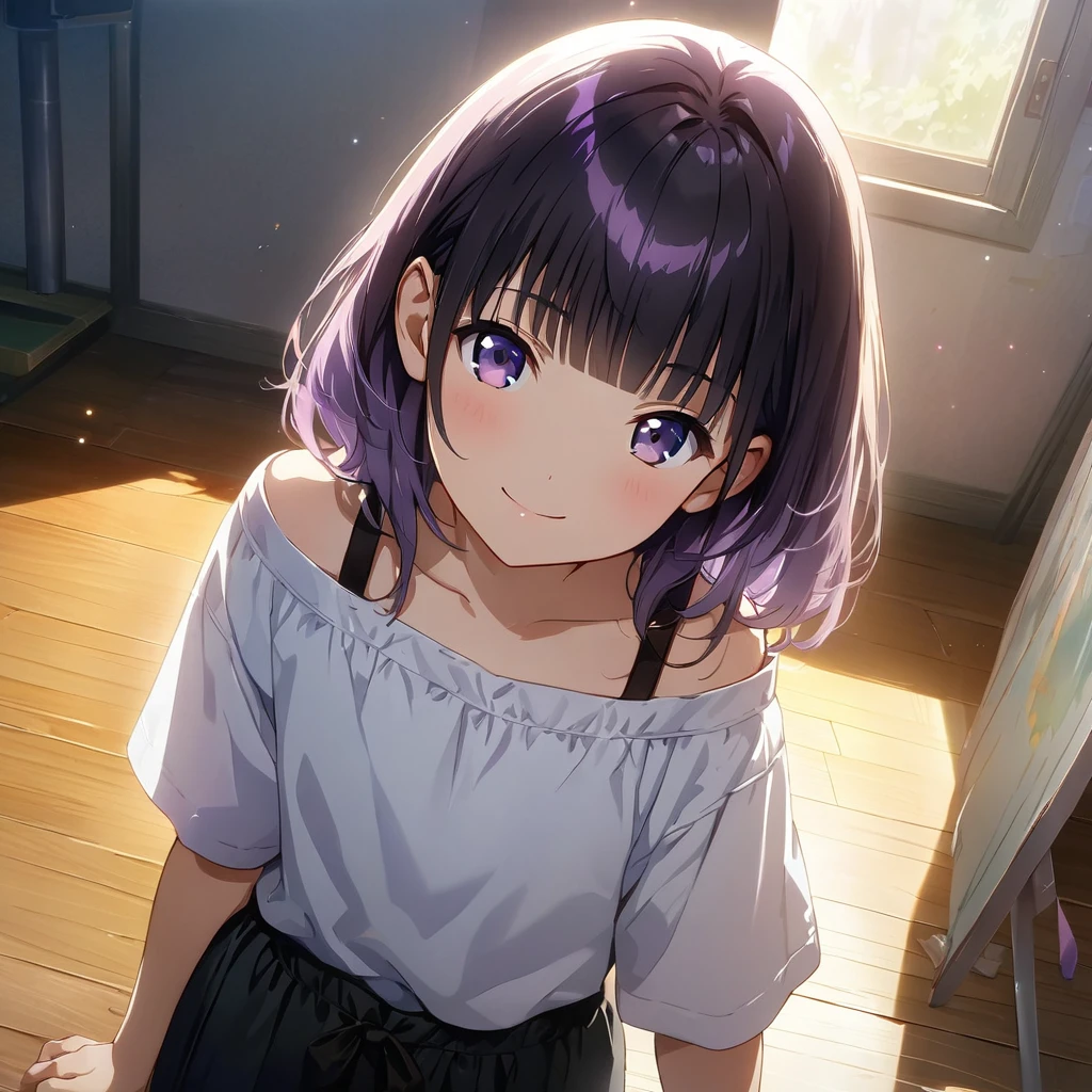 (Cute a girl:1.5), (Off-the-shoulder white plain T-shirts, black sarouel pants:1.1),(masterpiece:1.3), anime visual,  (Lovey-dovey:1.5), (tilt head:1.3), extremely delicate face, realistic lighting and shading, (an extremely delicate and beautiful art:1.3),15 years old,smiling,pale purple wavy and blunt bangs hair,green and black eyes,smiling,from front,fullbody shot,full body shot,Morning lesson space,