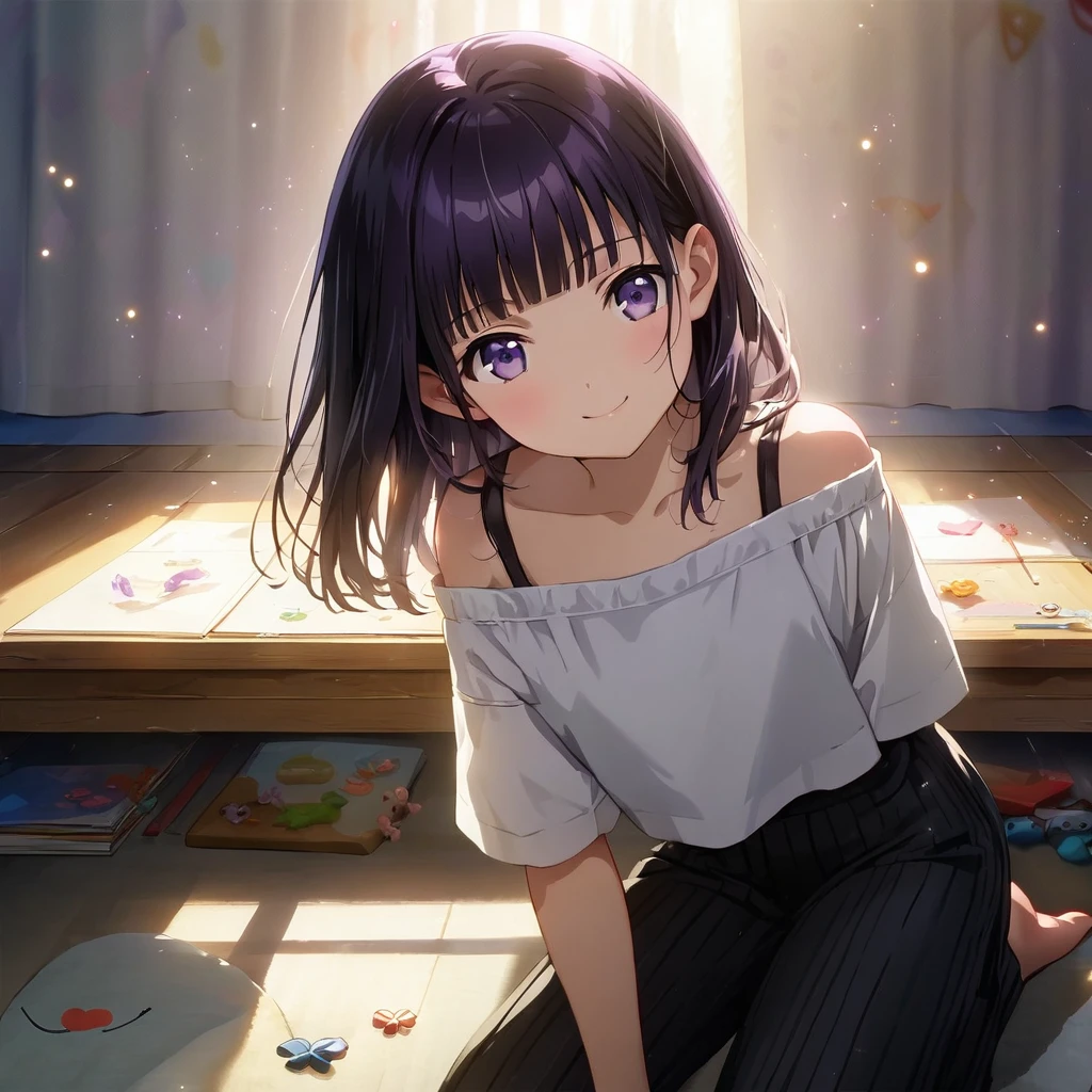 (Cute a girl:1.5), (Off-the-shoulder white plain T-shirts, black sarouel pants:1.1),(masterpiece:1.3), anime visual, (Lovey-dovey:1.5), (tilt head:1.3), extremely delicate face, realistic lighting and shading, (an extremely delicate and beautiful art:1.3),15 years old,smiling,pale purple wavy and blunt bangs hair,green and black eyes,smiling,from front,fullbody shot,full body shot,Morning lesson space,