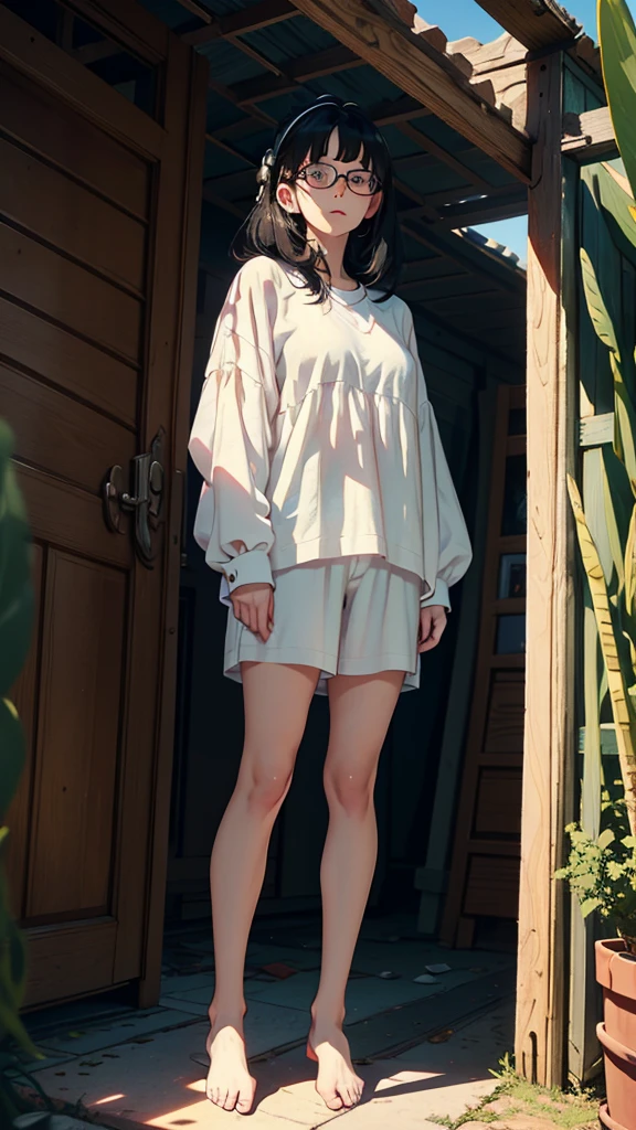 whole body, entire body, full body, total body, standing, upright stance, erect posture, toes, ankle, simple background, anime style 4k, 20-years-old beautiful female, black rim glasses, wearing white headphones, black hair, date clothes, Midsummer loungewear, civilian clothes, intellectual atmosphere, knowledge, scholarship, enthusiasm, front of whole body, immersion, concentration, sense of accomplishment, cinematic lighting, masterpiece, top quality, 4K, academic atmosphere, (masterpiece), (best quality), ultra-high res, sharp focus