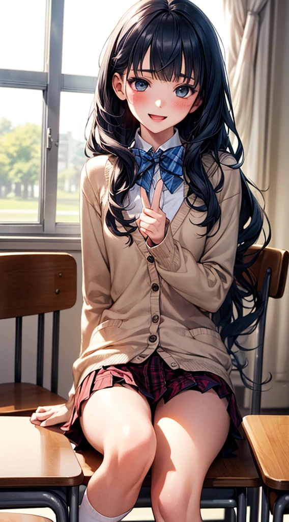 (illustration, official art:1.1), 1 girl ,(((( light blue long hair)))),toddler、 ,(((( light blue long hair)))),light blue hair, tareme, long hair ((blush)) , cute face, big eyes, masterpiece, best quality,(((((a very delicate and beautiful girl))))),Amazing,beautiful detailed eyes,blunt bangs((((little delicate girl)))),tareme、(true beautiful:1.2), sense of depth,dynamic angle,,,, affectionate smile, (true beautiful:1.2),,(tiny 1girl model:1.2),)(flat chest),(masterpiece:1.2, top-quality), (realistic, photorealistic:1.4), beautiful illustration, NSFW,
looking at viewer, cowboy shot, front view:0.8,
(beautiful scenery), dawn, bright and refreshing classroom, desks, chairs, curtains,
((blazer, pleated mini skirt, white socks, private school uniform:1.2, light blown cardigan, red plaid pleated skirt, red plaid bow tie,)), pink panties,
(swollen), ((seductive posture: 1.2, attractiveness: 1.2)), (idle),
(erotic, sexy, upper eyes, smile, peace sign), shiny skin, open mouth,
perfect face, cute and symmetrical face, natural side lighting, movie lighting),
sitting chair, (hands between legs),