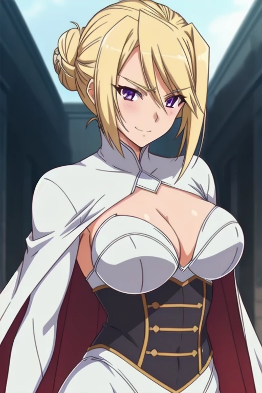 1girl,,big breasts,standing in ruined city,(8k),scratches,detailed face,blond hair,purple eyes,short hair,embarassed,small smile face,bun,hair, high_res, high_definition,the battlefield,battle pose,white corset,white cape,white gloves, (Emma Frost Custome:1.1),