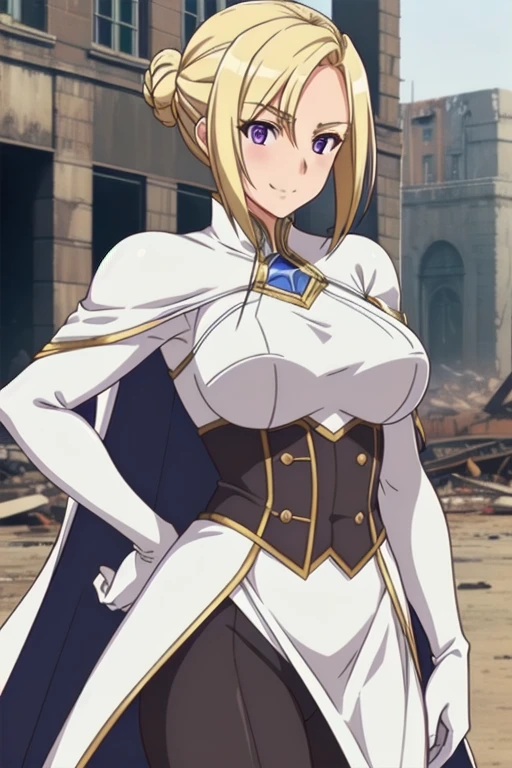 1girl,,big breasts,standing in ruined city,(8k),scratches,detailed face,blond hair,purple eyes,short hair,embarassed,small smile face,bun,hair, high_res, high_definition,the battlefield,battle pose,white corset,white cape,white gloves, (Emma Frost Custome:1.1),