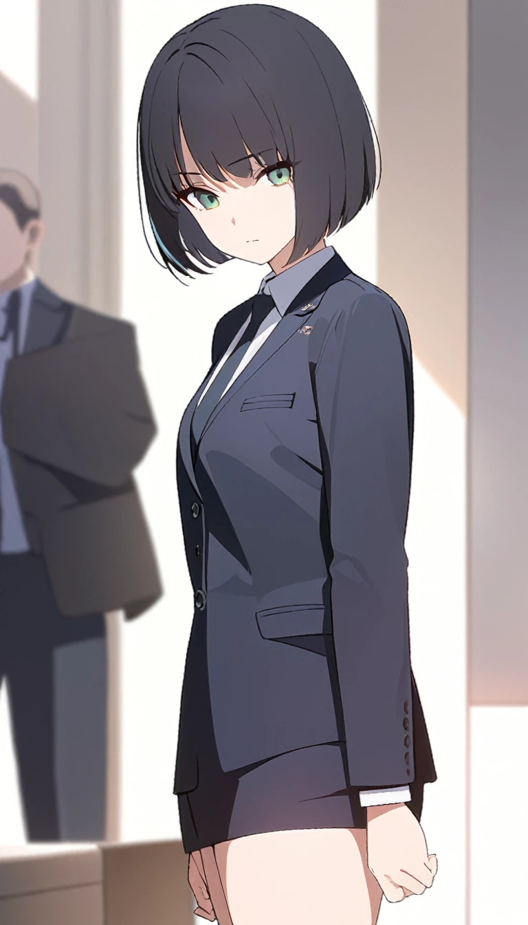 (masterpiece, high quality, best quality, highres,) One Woman, young, black hair, bob cut, Green Eyes, Athletic build, expressionless, closed mouth, office staff suit, Simple white background, standing, cowboy shot, from the front