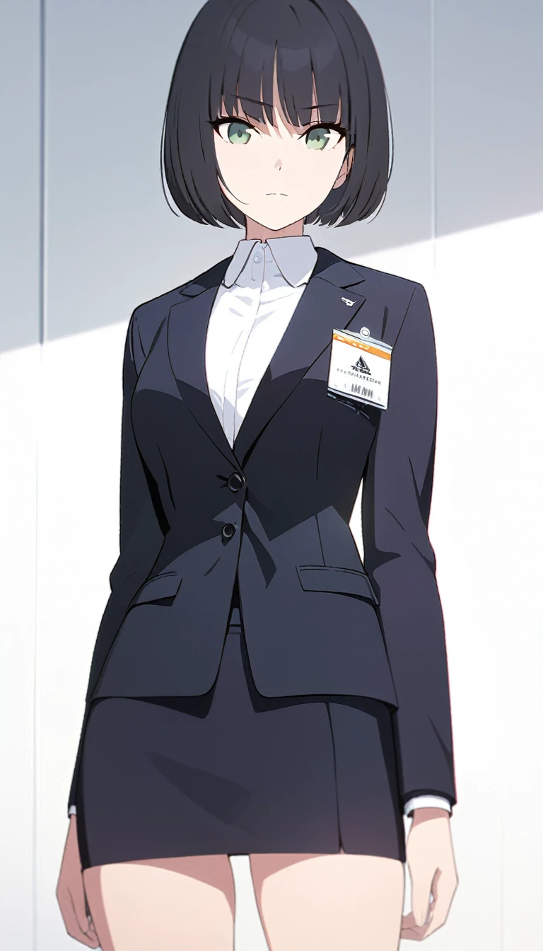 (masterpiece, high quality, best quality, highres,) One Woman, young, black hair, bob cut, Green Eyes, Athletic build, expressionless, closed mouth, office staff suit, Simple white background, standing, cowboy shot, from the front